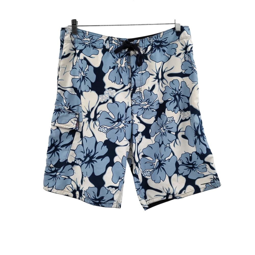 Y2K Micaos Surf's Up Men's 36/L Blue White Tropical Hibiscus Flower Board Shorts